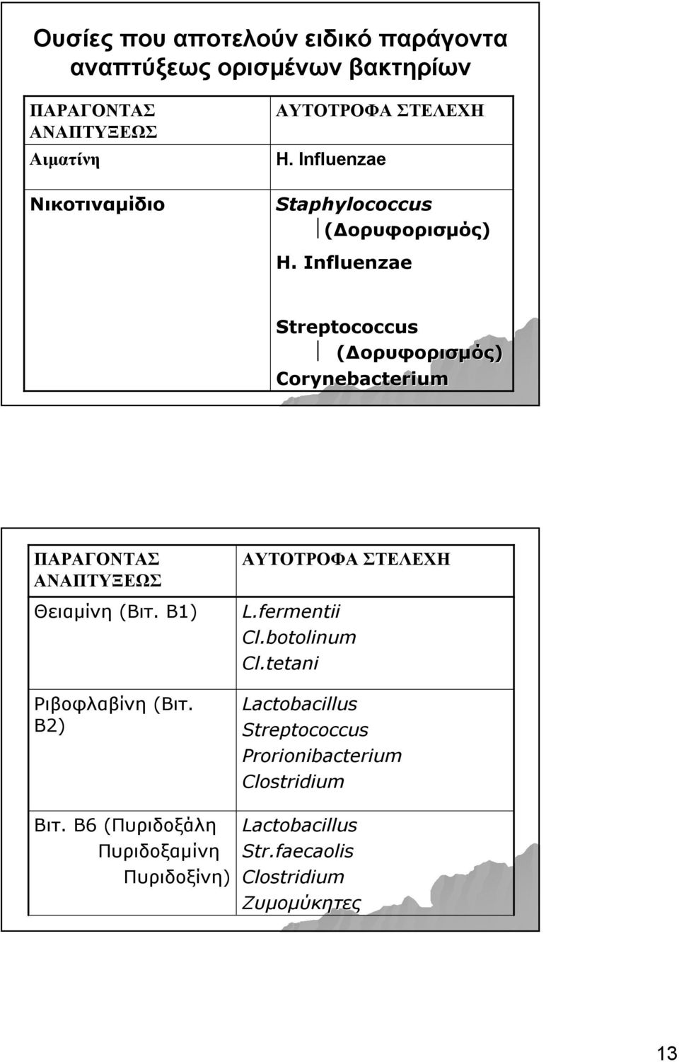 Influenzae Streptococcus (Δορυφορισμός) Corynebacterium ΠΑΡΑΓΟΝΤΑΣ ΑΝΑΠΤΥΞΕΩΣ Θειαμίνη (Βιτ. Β1) Ριβοφλαβίνη (Βιτ.