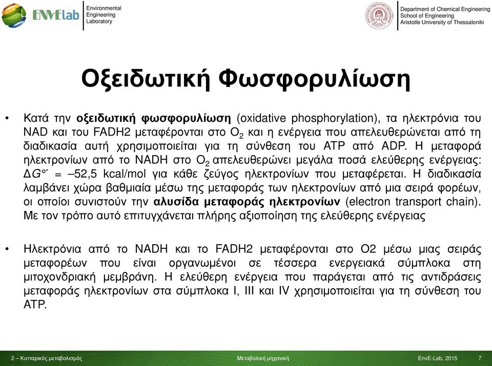 Η μεταφορά ηλεκτρονίων από το NADH στο O 2 απελευθερώνει μεγάλα ποσά ελεύθερης ενέργειας: ΔG = 52,5 kcal/mol για κάθε ζεύγος ηλεκτρονίων που μεταφέρεται.