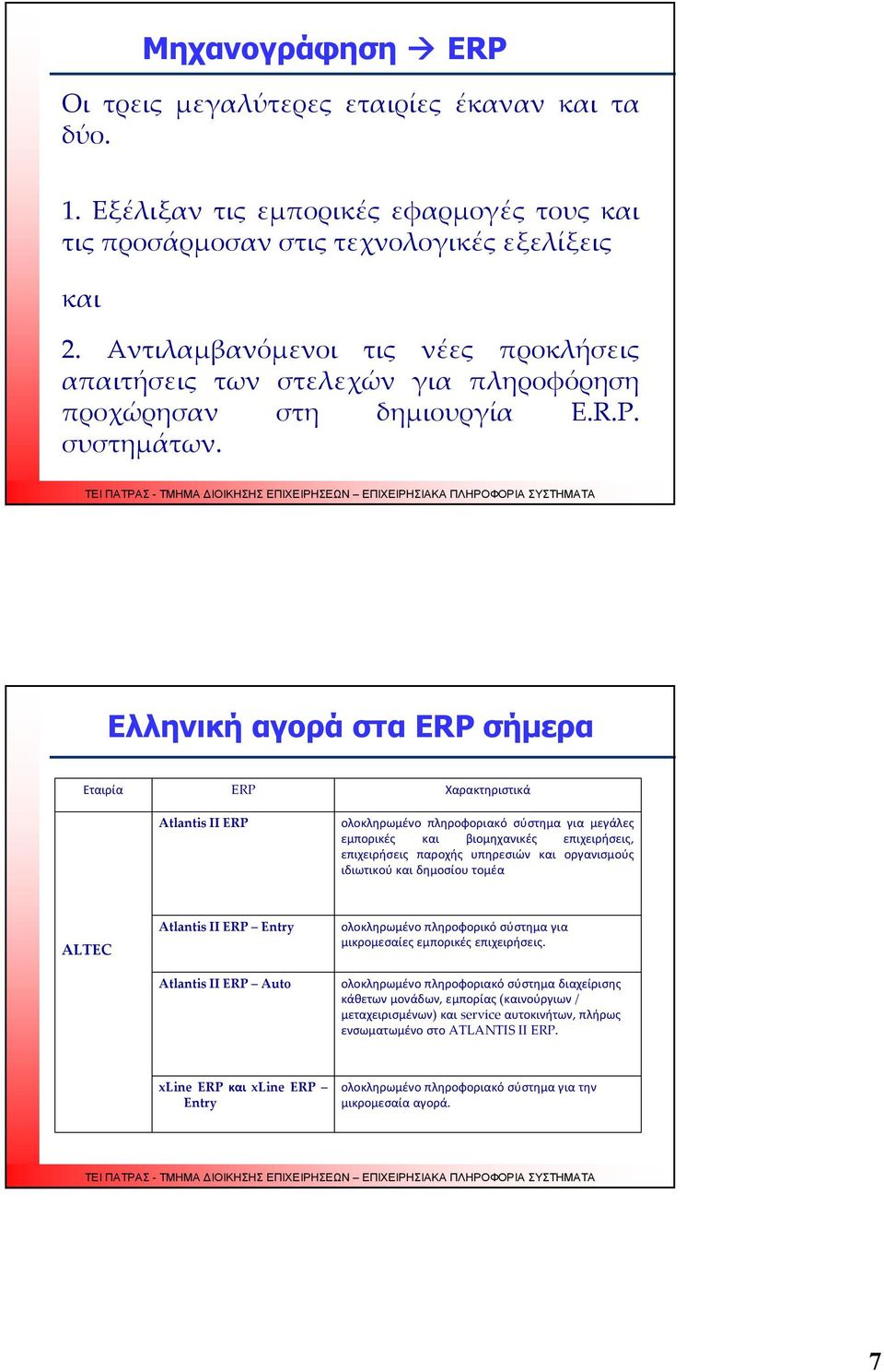 19 Ελληνική αγορά στα ERP σήμερα Εταιρία ERP Atlantis II ERP Χαρακτηριστικά ολοκληρωμένο πληροφοριακό σύστημα για μεγάλες εμπορικές και βιομηχανικές επιχειρήσεις, επιχειρήσεις παροχής υπηρεσιών και