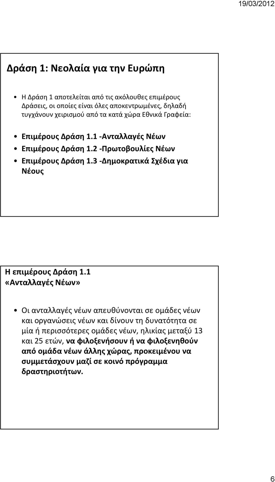 3 Δημοκρατικά Σχέδια για Νέους Η επιμέρους Δράση 1.