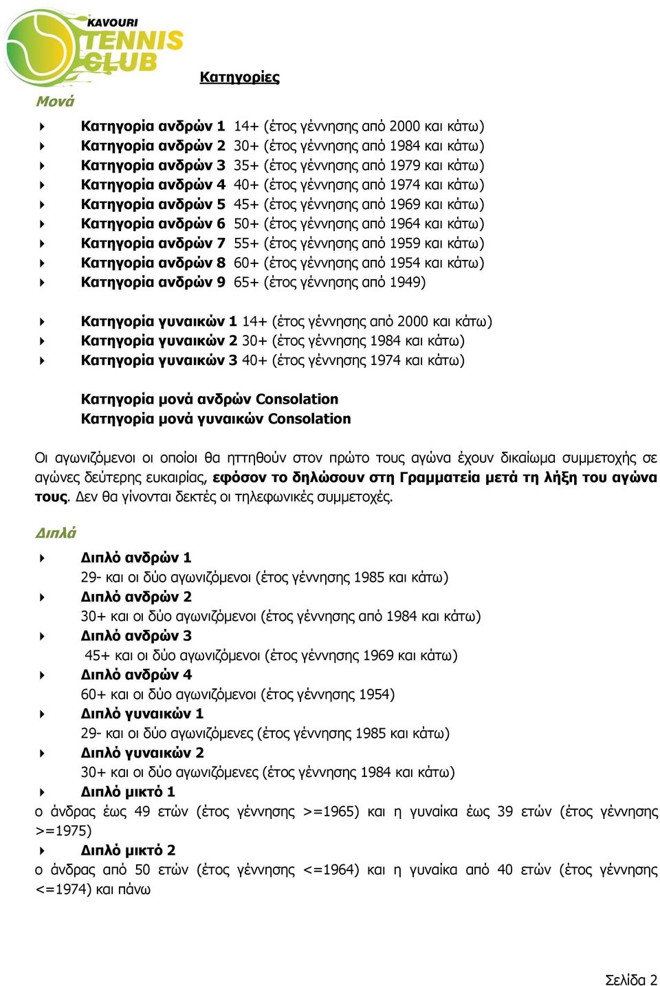 από 1959 και κάτω) Κατηγορία ανδρών 8 60+ (έτος γέννησης από 1954 και κάτω) Κατηγορία ανδρών 9 65+ (έτος γέννησης από 1949) Κατηγορία γυναικών 1 14+ (έτος γέννησης από 2000 και κάτω) Κατηγορία