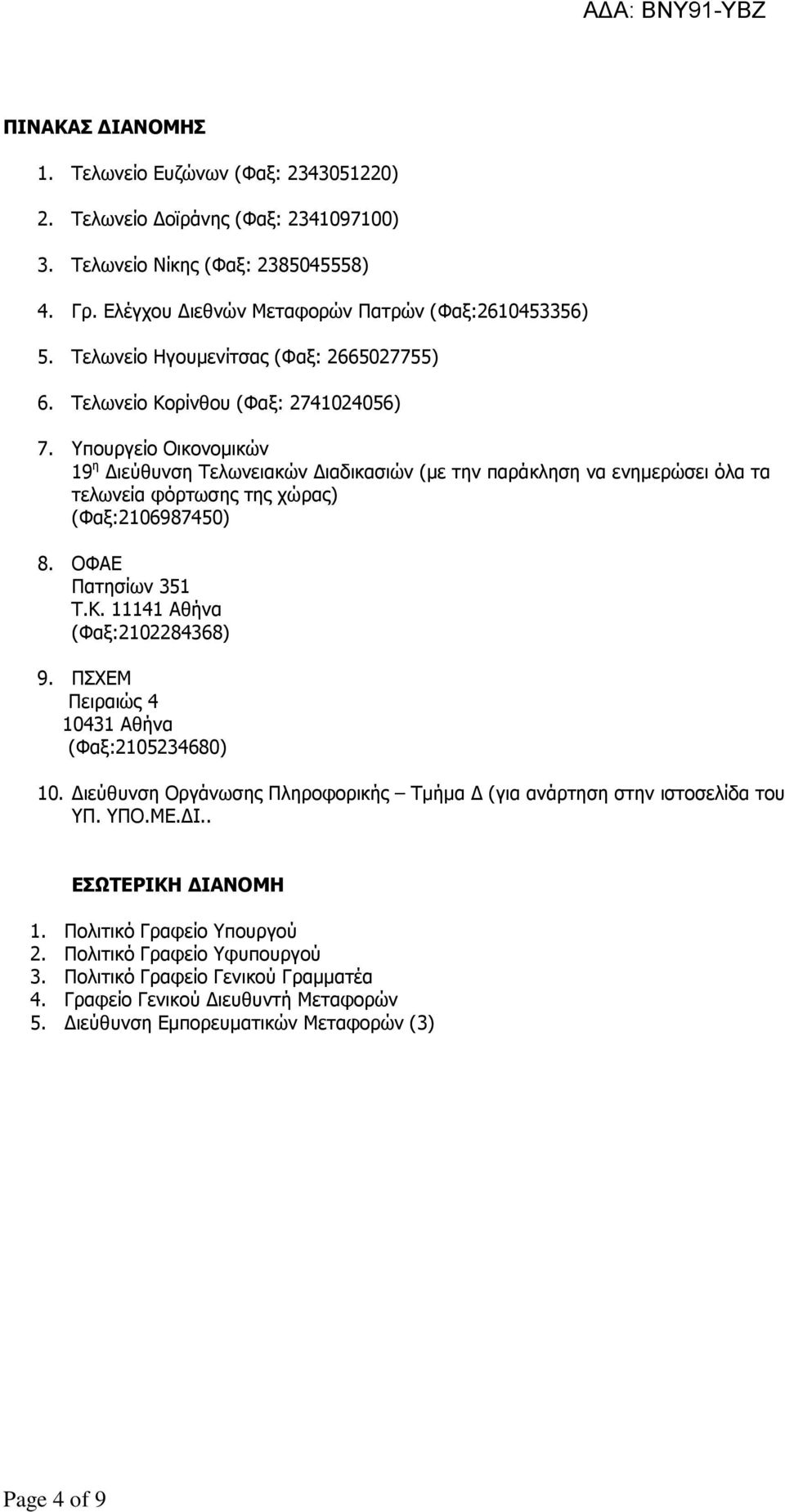 Υπουργείο Οικονοµικών 19 η ιεύθυνση Τελωνειακών ιαδικασιών (µε την παράκληση να ενηµερώσει όλα τα τελωνεία φόρτωσης της χώρας) (Φαξ:210698740) 8. ΟΦΑΕ Πατησίων 31 Τ.Κ. 11141 Αθήνα (Φαξ:2102284368) 9.