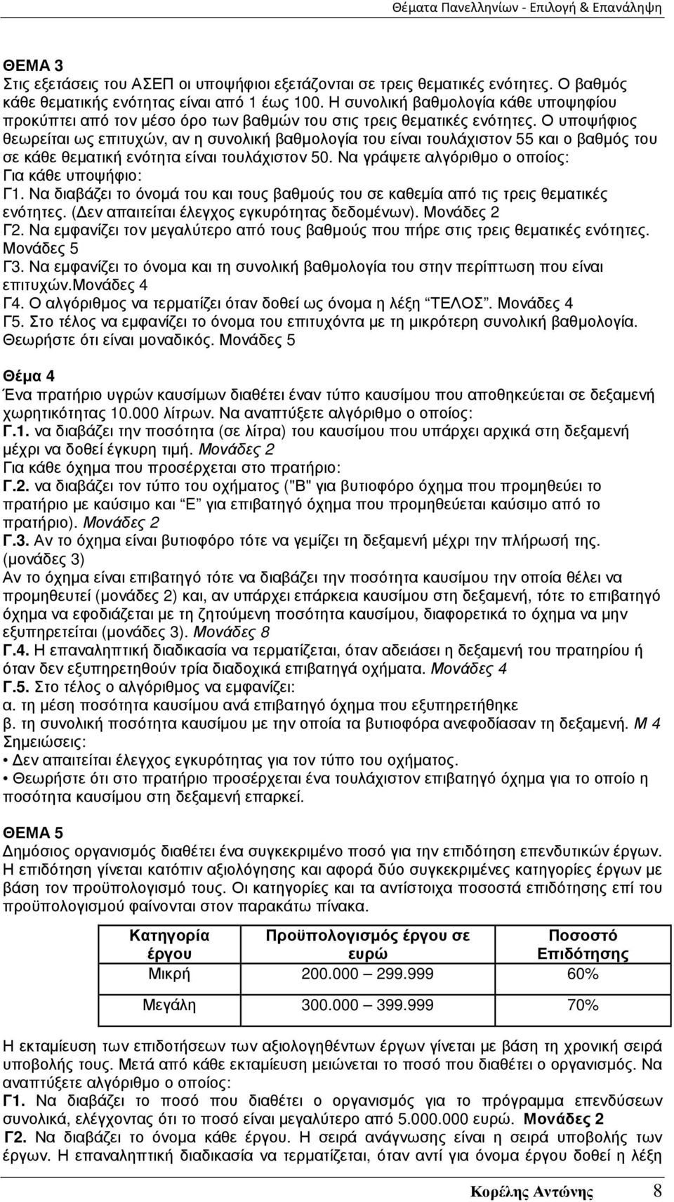 Ο υποψήφιος θεωρείται ως επιτυχών, αν η συνολική βαθµολογία του είναι τουλάχιστον 55 και ο βαθµός του σε κάθε θεµατική ενότητα είναι τουλάχιστον 50.