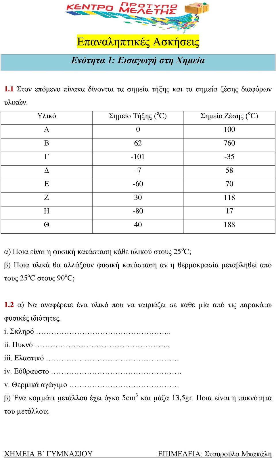 25 ο C; β) Ποια υλικά θα αλλάξουν φυσική κατάσταση αν η θερμοκρασία μεταβληθεί από τους 25 ο C στους 90 ο C; 1.