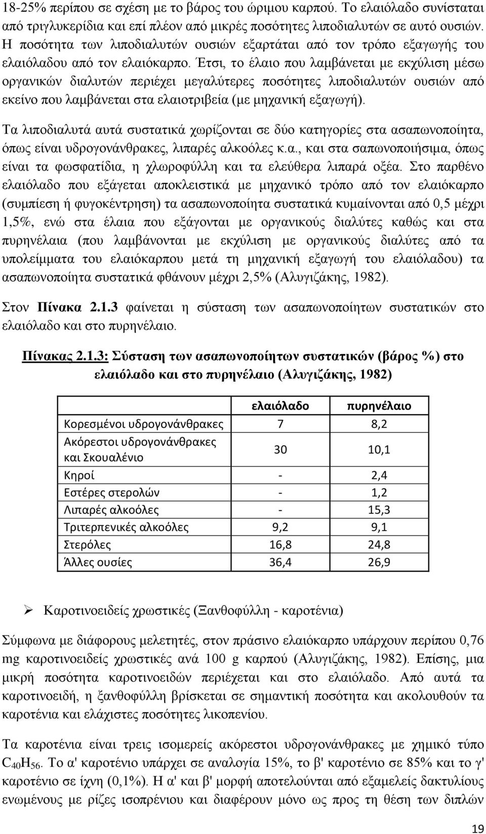 Έτσι, το έλαιο που λαμβάνεται με εκχύλιση μέσω οργανικών διαλυτών περιέχει μεγαλύτερες ποσότητες λιποδιαλυτών ουσιών από εκείνο που λαμβάνεται στα ελαιοτριβεία (με μηχανική εξαγωγή).