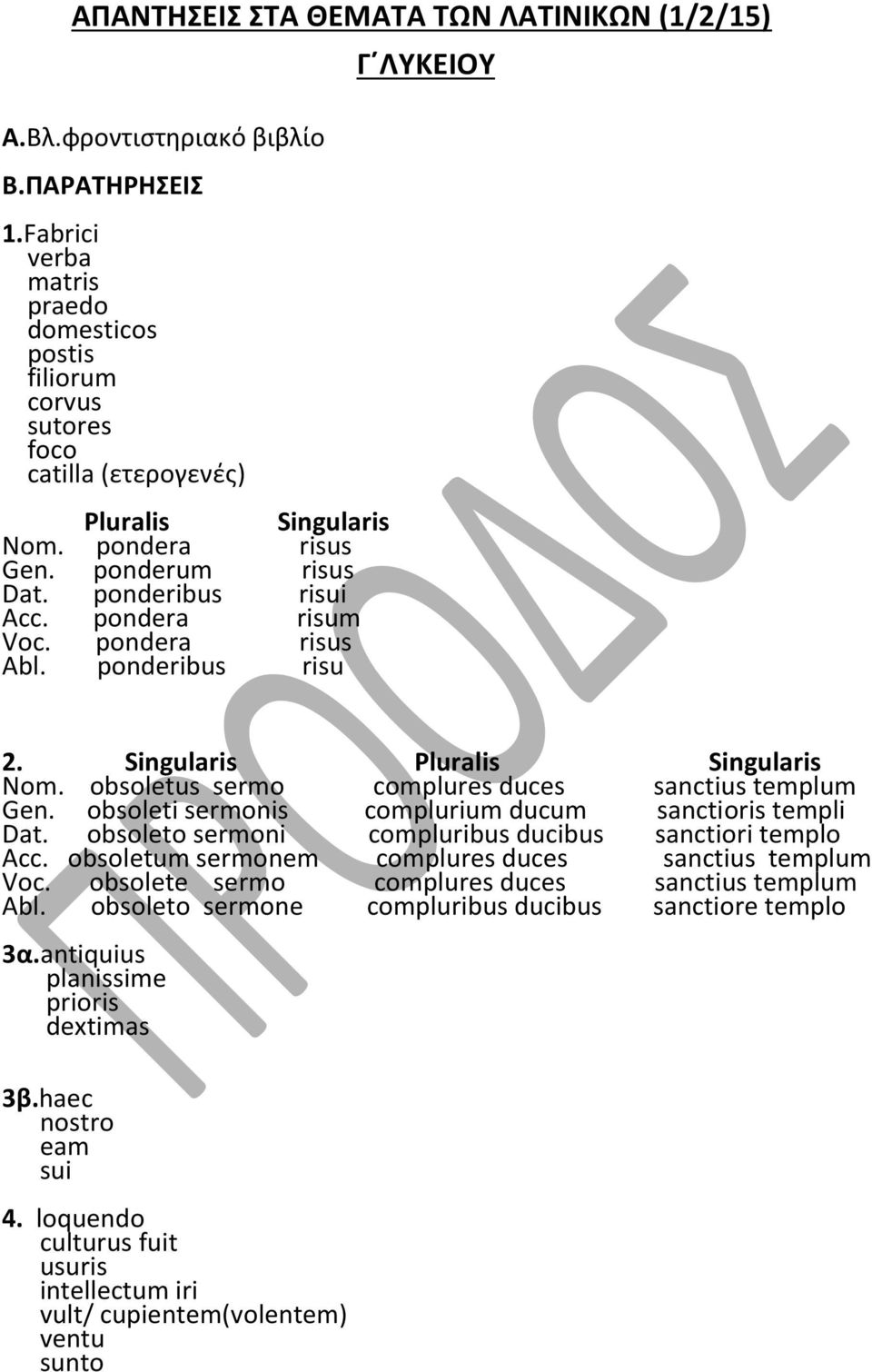 pondera risus Abl. ponderibus risu Γ ΛΥΚΕΙΟΥ 2. Singularis Pluralis Singularis Νοm. obsoletus sermo complures duces sanctius templum Gen. obsoleti sermonis complurium ducum sanctioris templi Dat.