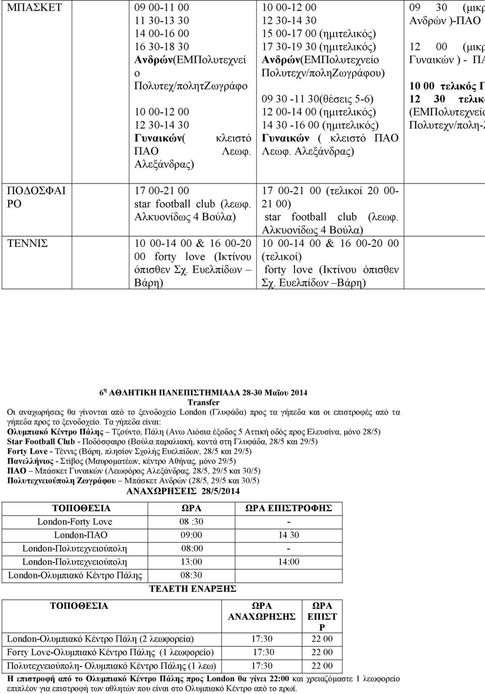 Ευελπίδων Βάρη) 10 00-12 00 12 30-14 30 15 00-17 00 (ημιτελικός) 17 30-19 30 (ημιτελικός) Ανδρών(ΕΜΠολυτεχνείο Πολυτεχν/ποληΖωγράφου) 09 30-11 30(θέσεις 5-6) 12 00-14 00 (ημιτελικός) 14 30-16 00