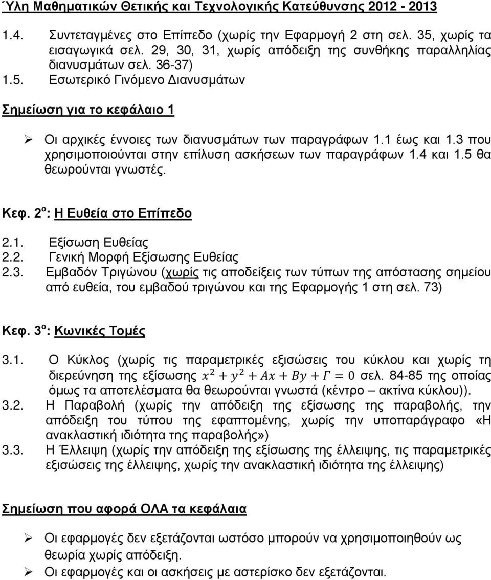 1 έως και 1.3 που χρησιμοποιούνται στην επίλυση ασκήσεων των παραγράφων 1.4 και 1.5 θα θεωρούνται γνωστές. Κεφ. 2 ο : Η Ευθεία στο Επίπεδο 2.1. Εξίσωση Ευθείας 2.2. Γενική Μορφή Εξίσωσης Ευθείας 2.3. Εμβαδόν Τριγώνου (χωρίς τις αποδείξεις των τύπων της απόστασης σημείου από ευθεία, του εμβαδού τριγώνου και της Εφαρμογής 1 στη σελ.