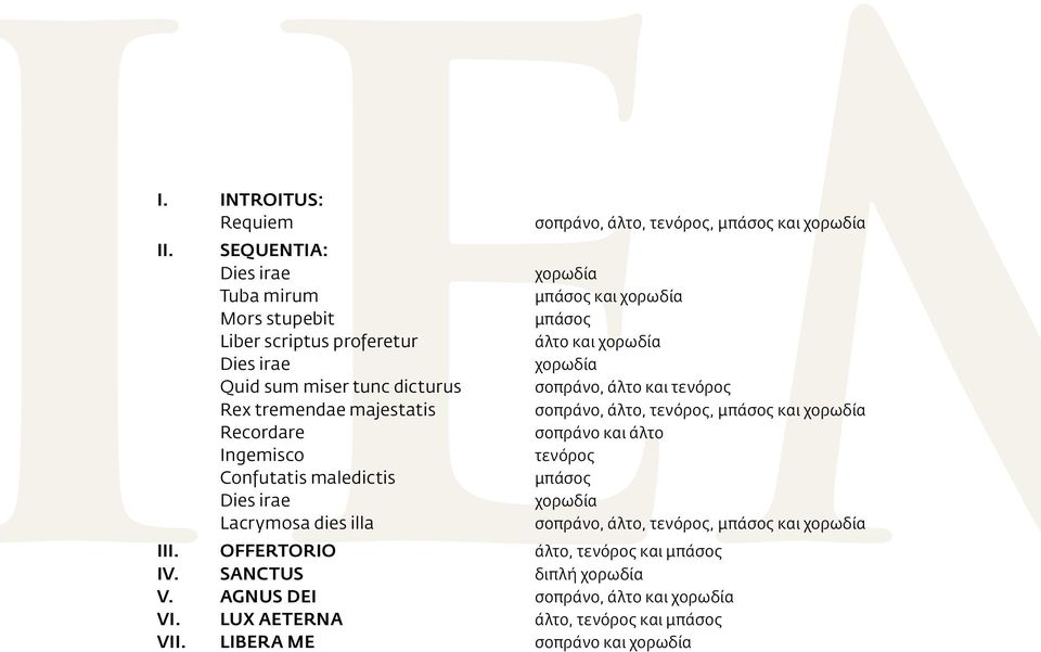 maledictis Dies irae Lacrymosa dies illa σοπράνο, άλτο, τενόρος, μπάσος και χορωδία χορωδία μπάσος και χορωδία μπάσος άλτο και χορωδία χορωδία σοπράνο, άλτο και