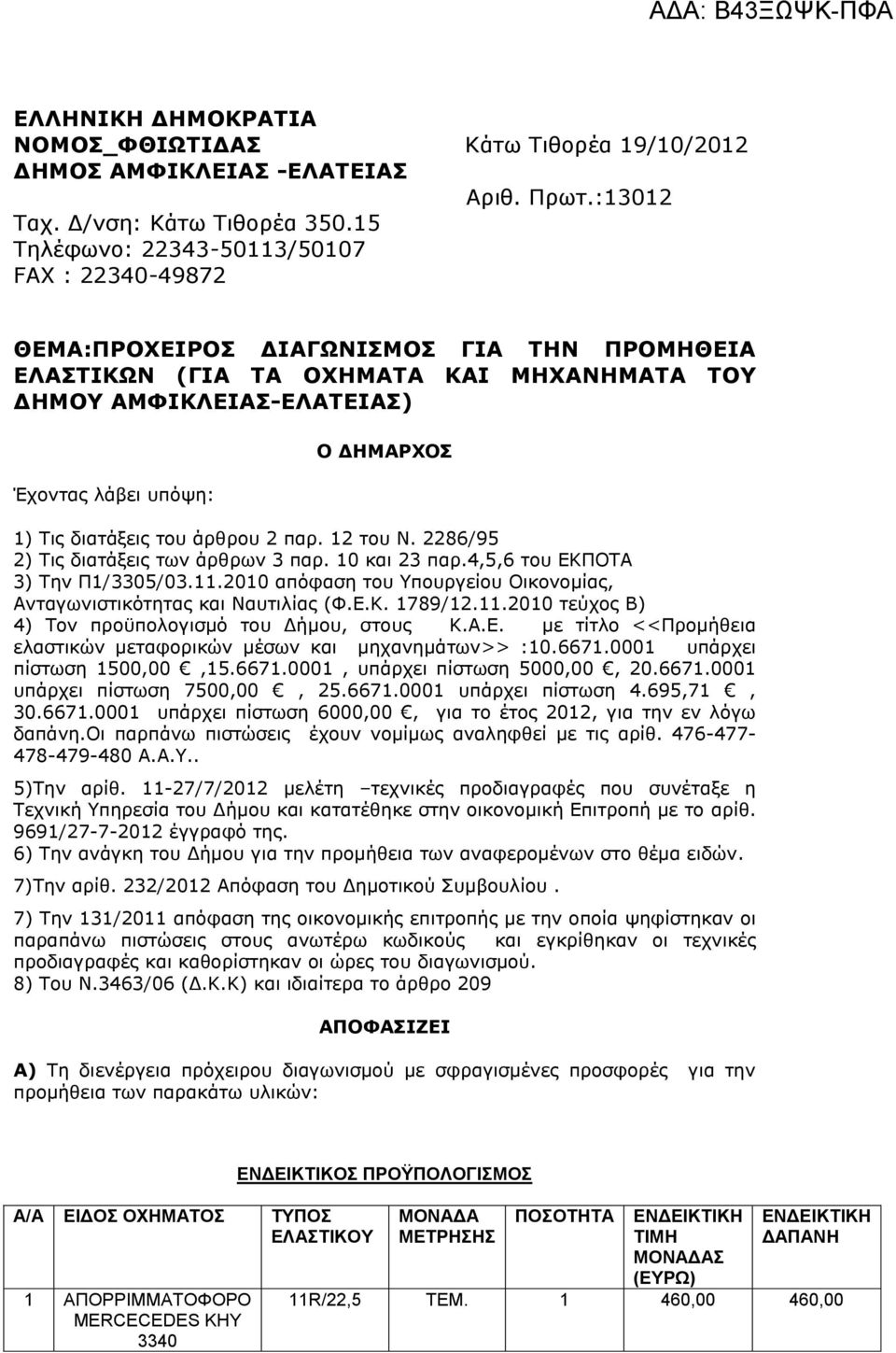1) Τις διατάξεις του άρθρου 2 παρ. 12 του Ν. 2286/95 2) Τις διατάξεις των άρθρων 3 παρ. 10 και 23 παρ.4,5,6 του ΕΚΠΟΤΑ 3) Την Π1/3305/03.11.