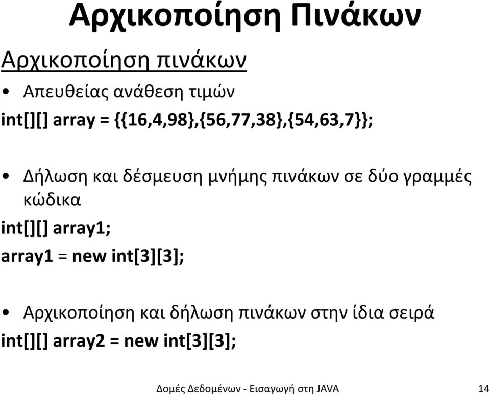 κώδικα int[][] array1; array1= new int[3][3]; Αρχικοποίηση και δήλωση πινάκων