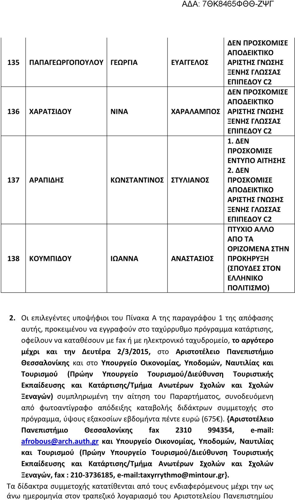 Οι επιλεγέντες υποψήφιοι του Πίνακα Α της παραγράφου 1 της απόφασης αυτής, προκειμένου να εγγραφούν στο ταχύρρυθμο πρόγραμμα κατάρτισης, οφείλουν να καταθέσουν με fax ή με ηλεκτρονικό ταχυδρομείο, το