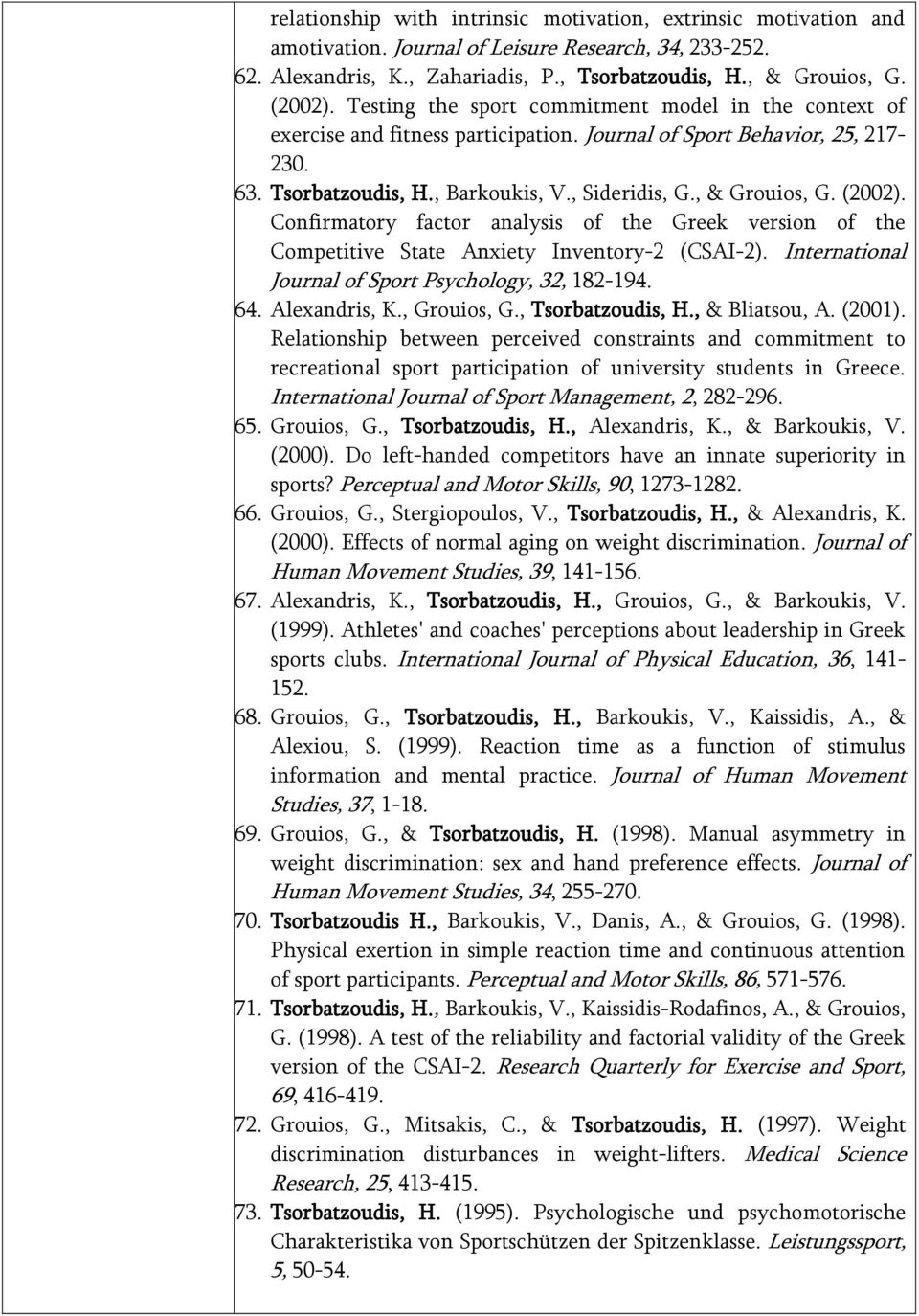 (2002). Confirmatory factor analysis of the Greek version of the Competitive State Anxiety Inventory-2 (CSAI-2). International Journal of Sport Psychology, 32, 182-194. 64. Alexandris, K., Grouios, G.