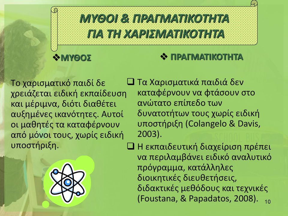Τα Χαρισματικά παιδιά δεν καταφέρνουν να φτάσουν στο ανώτατο επίπεδο των δυνατοτήτων τους χωρίς ειδική υποστήριξη (Colangelo & Davis, 2003).