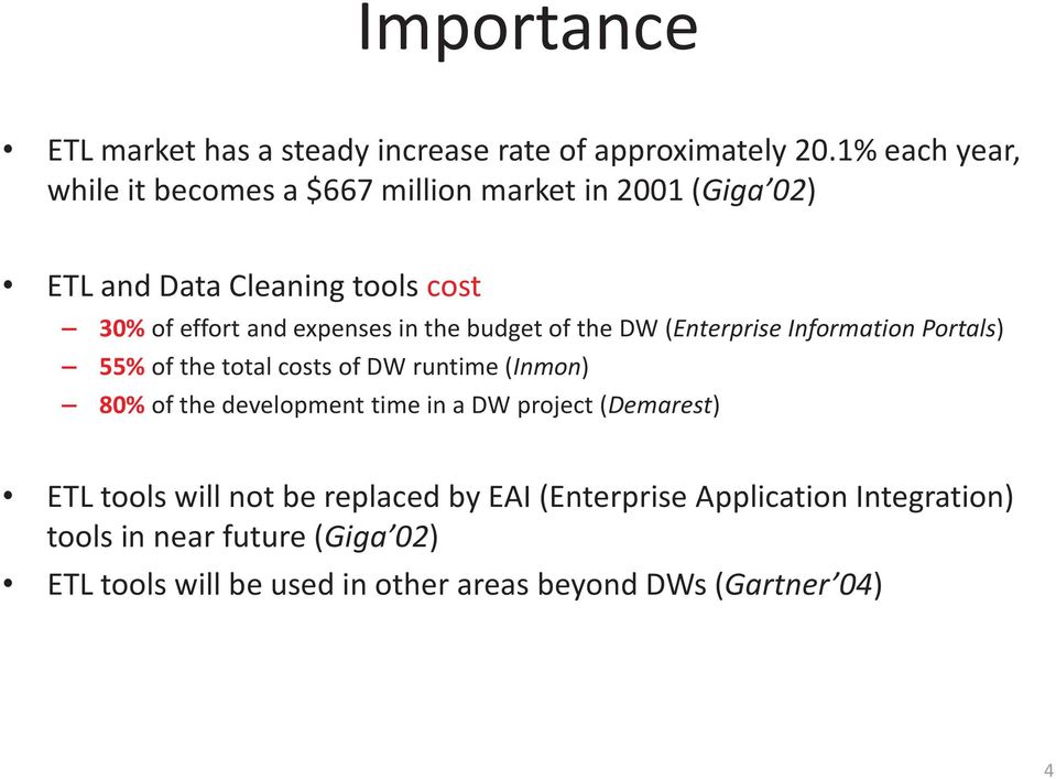 in the budget of the DW (Enterprise Information Portals) 55% of the total costs of DW runtime (Inmon) 80% of the development time