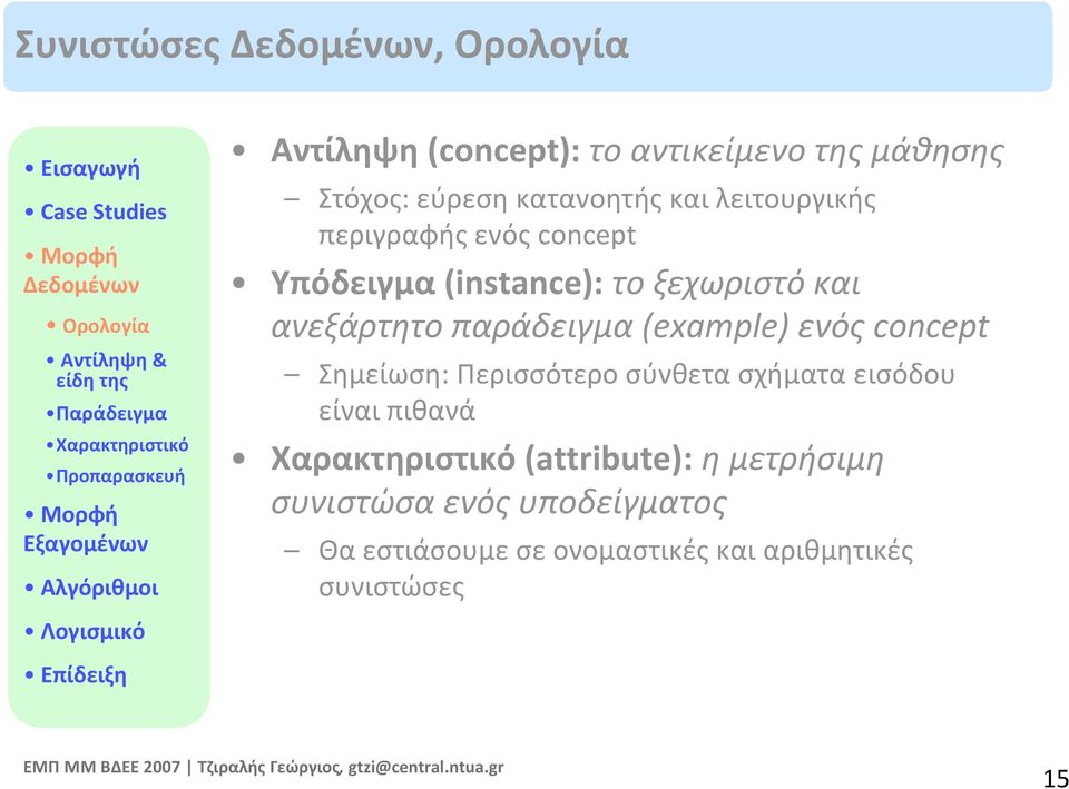 ξεχωριστό και ανεξάρτητο παράδειγμα (example) ενός concept Σημείωση: Περισσότερο σύνθετα σχήματα εισόδου είναι πιθανά