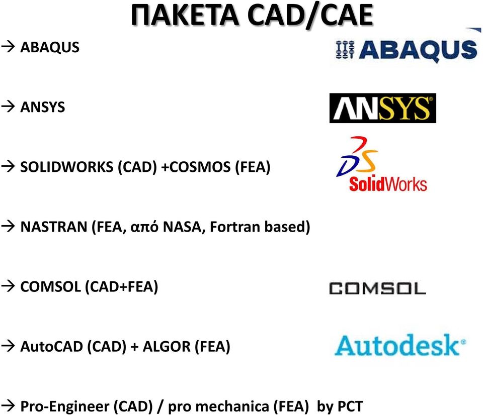 based) COMSOL (CAD+FEA) AutoCAD (CAD) + ALGOR