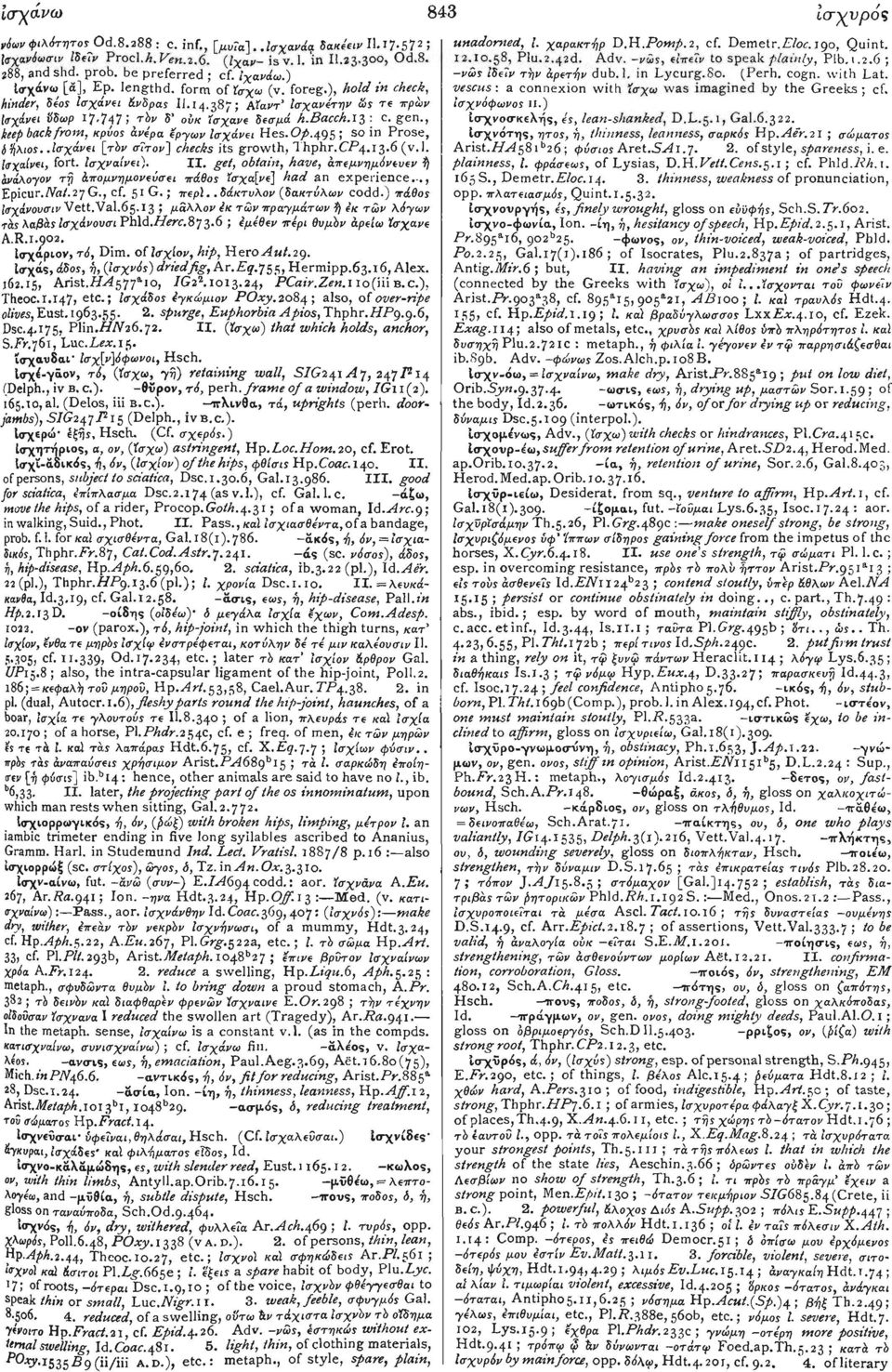 gen., keep back from, κρύος άνέρα έργων 'ισχάνει Hes.Op.4g5 ; s0 Prose, i ήλιος. Λσχάνει [τόν σΐτον] checks its growth, Thphr.CP4.13-6 (v.l. Ισχαίνει, fort. Ισχναίνει). II.