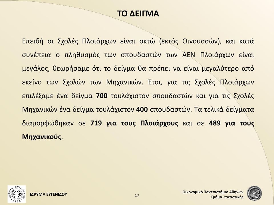 Έτσι, για τις Σχολές Πλοιάρχων επιλέξαμε ένα δείγμα 700 τουλάχιστον σπουδαστών και για τις Σχολές Μηχανικών ένα δείγμα