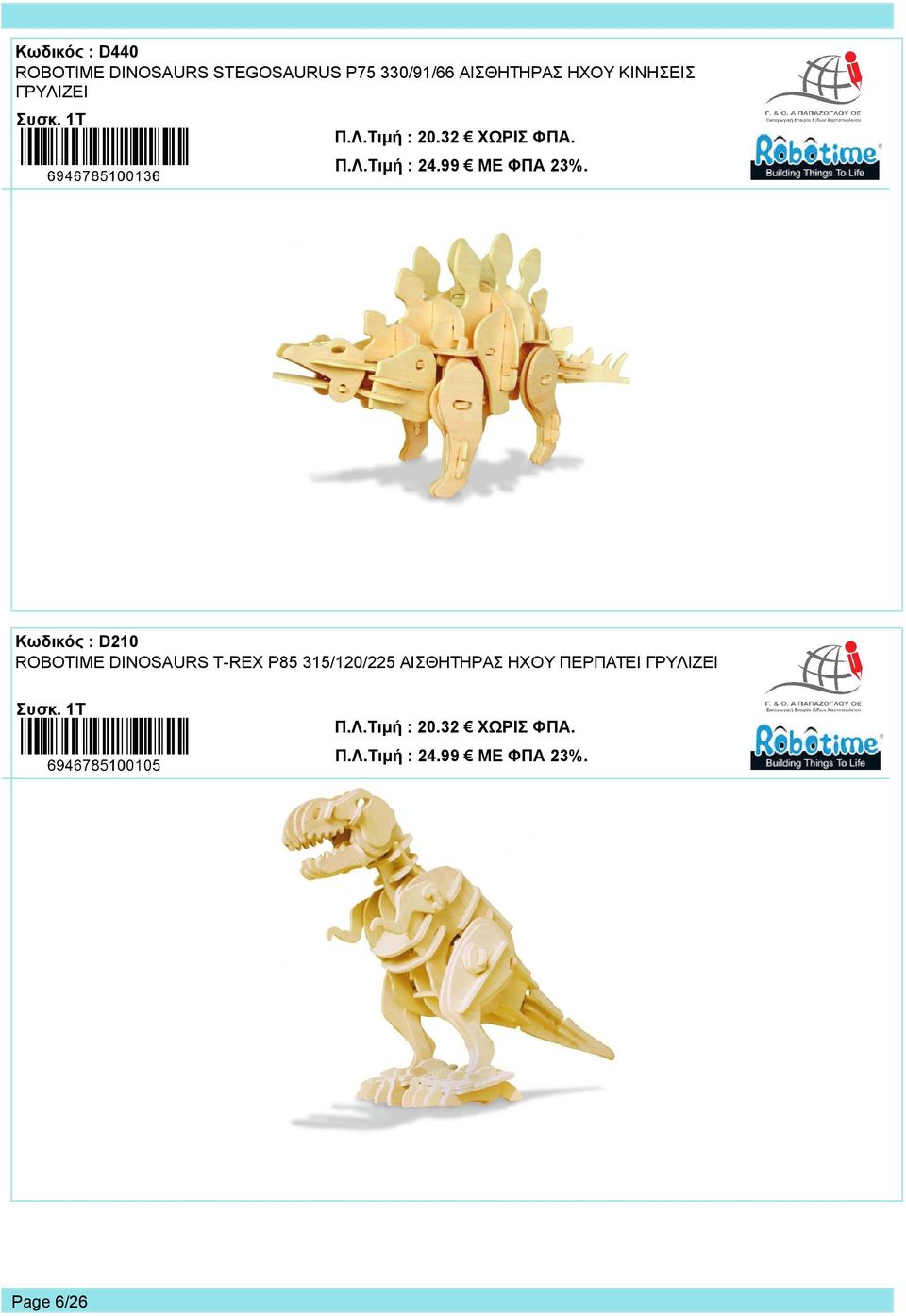 Κωδικός : D210 ROBOTIME DINOSAURS T-REX P85 315/120/225 ΑΙΣΘΗΤΗΡΑΣ ΗΧΟΥ