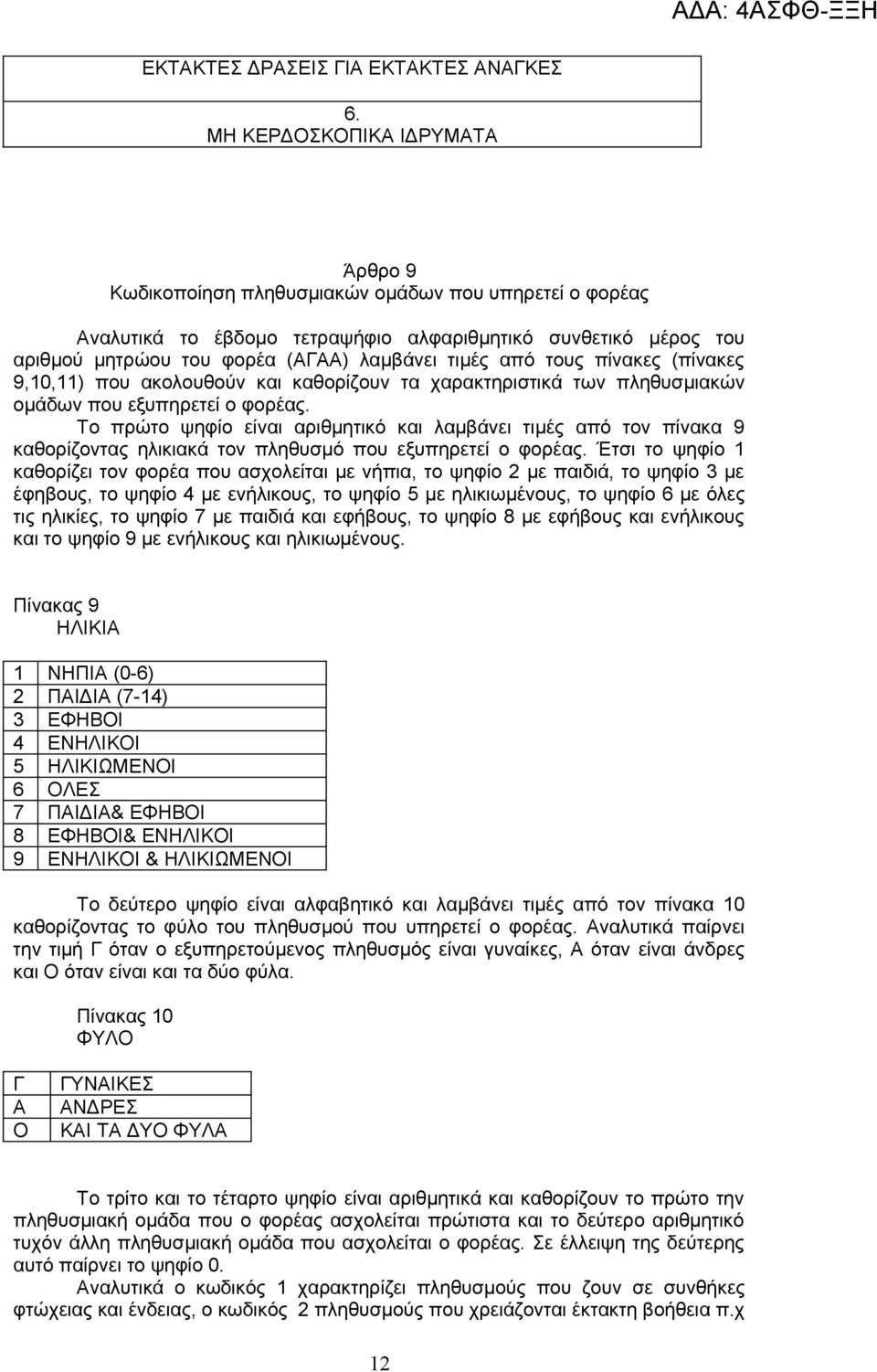 τιμές από τους πίνακες (πίνακες 9,10,11) που ακολουθούν και καθορίζουν τα χαρακτηριστικά των πληθυσμιακών ομάδων που εξυπηρετεί ο φορέας.