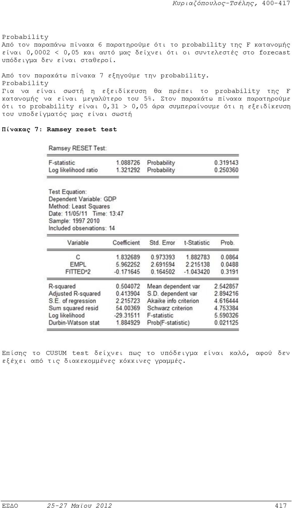 Probability Για να είναι σωστή η εξειδίκευση θα πρέπει το probability της F κατανοµής να είναι µεγαλύτερο του 5%.