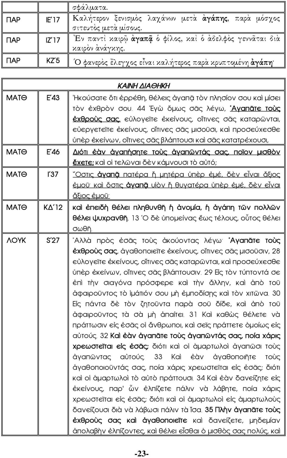 44 Εγὼ ὅμως σᾶς λέγω, Αγαπᾶτε τοὺς ἐχθροὺς σας, εὐλογεῖτε ἐκείνους, οἵτινες σᾶς καταρῶνται, εὐεργετεῖτε ἐκείνους, οἵτινες σᾶς μισοῦσι, καὶ προσεύχεσθε ὑπὲρ ἐκείνων, οἵτινες σᾶς βλάπτουσι καὶ σᾶς