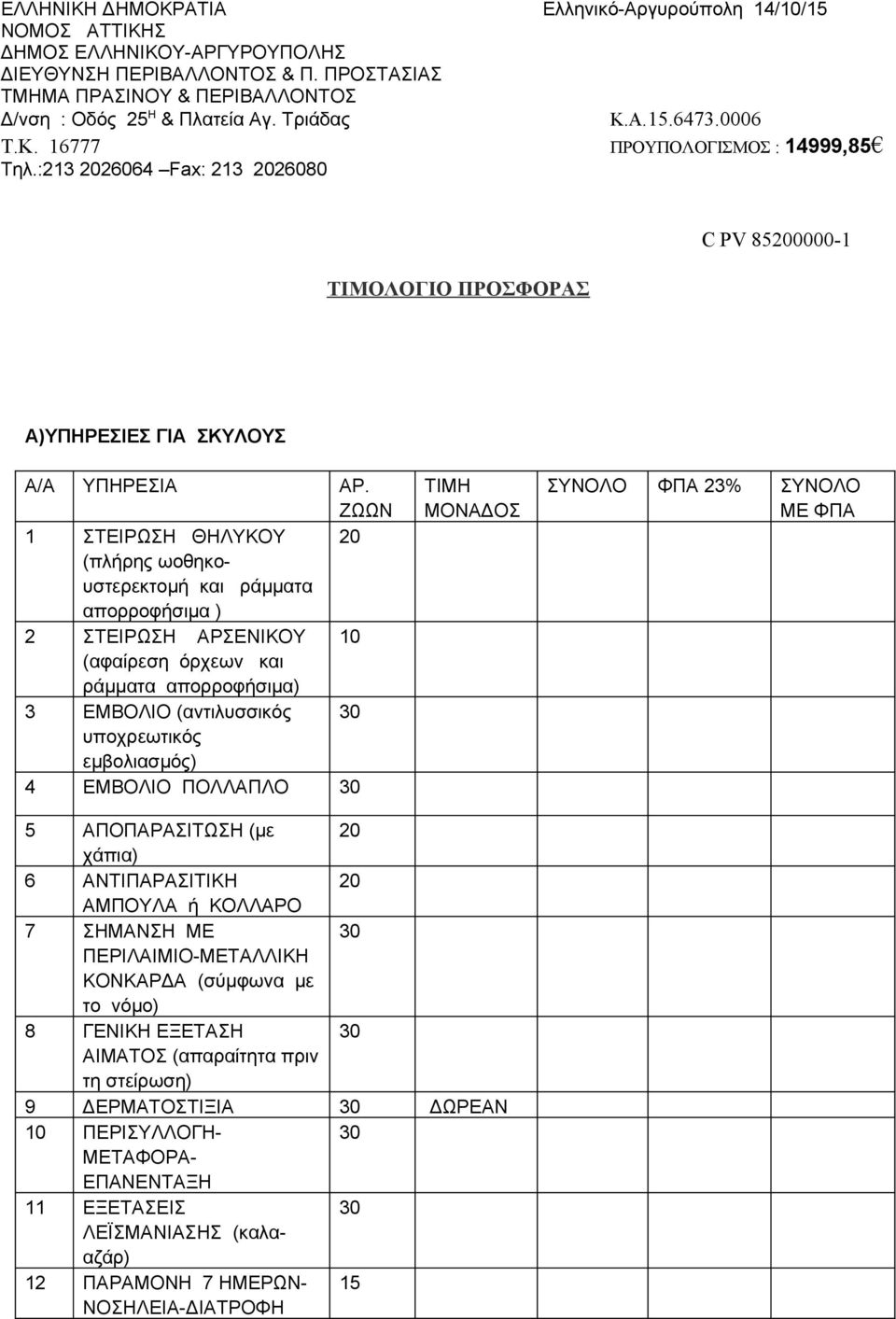 ΖΩΩΝ 1 ΣΤΕΙΡΩΣΗ ΘΗΛΥΚΟΥ 20 (πλήρης ωοθηκουστερεκτομή και ράμματα απορροφήσιμα ) 2 ΣΤΕΙΡΩΣΗ ΑΡΣΕΝΙΚΟΥ 10 (αφαίρεση όρχεων και ράμματα απορροφήσιμα) 3 ΕΜΒΟΛΙΟ (αντιλυσσικός 30 υποχρεωτικός εμβολιασμός)