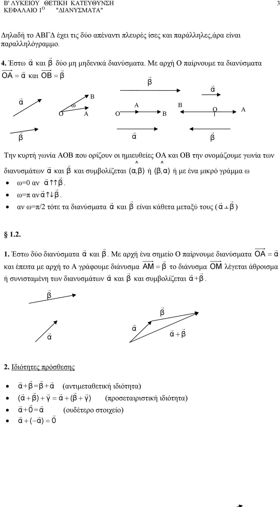συµβολίζεται ( α,β) ή ( β,α) ή µε ένα µικρό γράµµα ω ω=0 αν α ÆÆβ. ω=π αν α Æ β. αν ω=π/ τότε τα διανύσµατα α και β είναι κάθετα µεταξύ τους ( α β )... Έστω δύο διανύσµατα α και β.