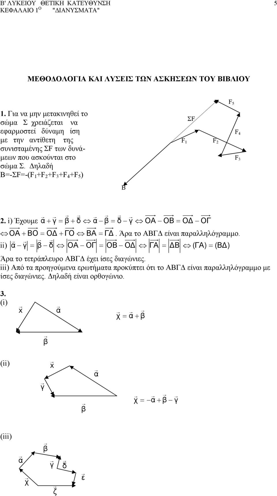 ηλαδή Β=-ΣF=-(F +F +F 3 +F 4 +F 5 ) ΣF F F F 4 F 3 Β. i) Έχουµε α + γ = β + δ α β = δ γ ΟΑ ΟΒ = Ο ΟΓ ΟΑ + ΒΟ = Ο + ΓΟ ΒΑ = Γ. Άρα το ΑΒΓ είναι παραλληλόγραµµο.