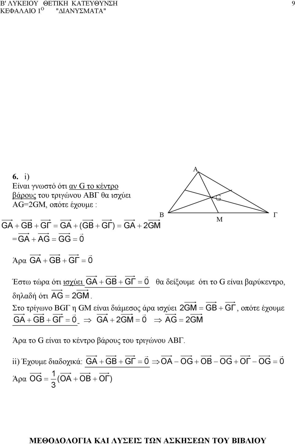 + GB + GΓ = 0 Έστω τώρα ότι ισχύει GA + GB + GΓ = 0 θα δείξουµε ότι το G είναι βαρύκεντρο, δηλαδή ότι AG = GM.