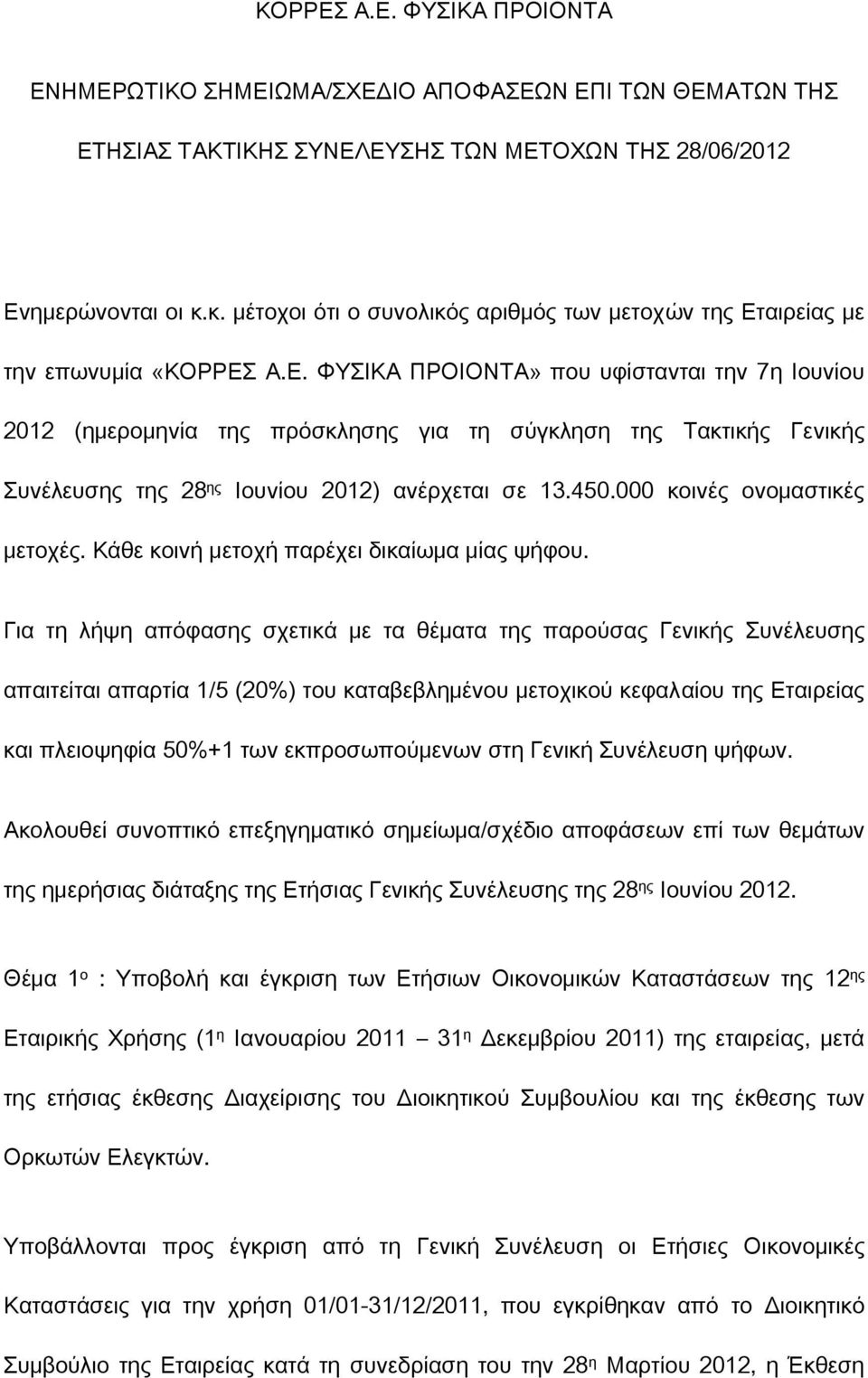 αιρείας με την επωνυμία «ΚΟΡΡΕΣ Α.Ε. ΦΥΣΙΚΑ ΠΡΟΙΟΝΤΑ» που υφίστανται την 7η Ιουνίου 2012 (ημερομηνία της πρόσκλησης για τη σύγκληση της Τακτικής Γενικής Συνέλευσης της 28 ης Ιουνίου 2012) ανέρχεται σε 13.