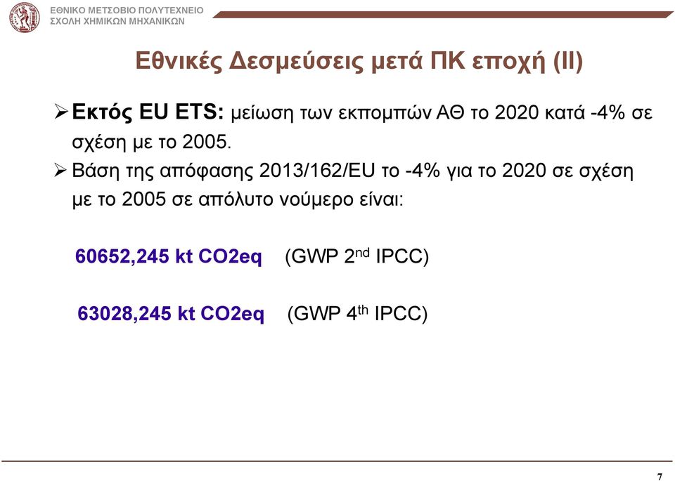 Βάση της απόφασης 2013/162/ΕU το -4% για το 2020 σε σχέση με το 2005