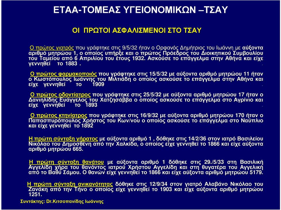 . Οπρώτος φαρµακοποιός που γράφτηκε στις 15/5/32 µε αύξοντα αριθµό µητρώου 11 ήταν ο Κωστόπουλος Ιωάννης του Μιλτιάδη ο οποίος ασκούσε το επάγγελµα στην Αθήνα και είχε γεννηθεί το 1909.