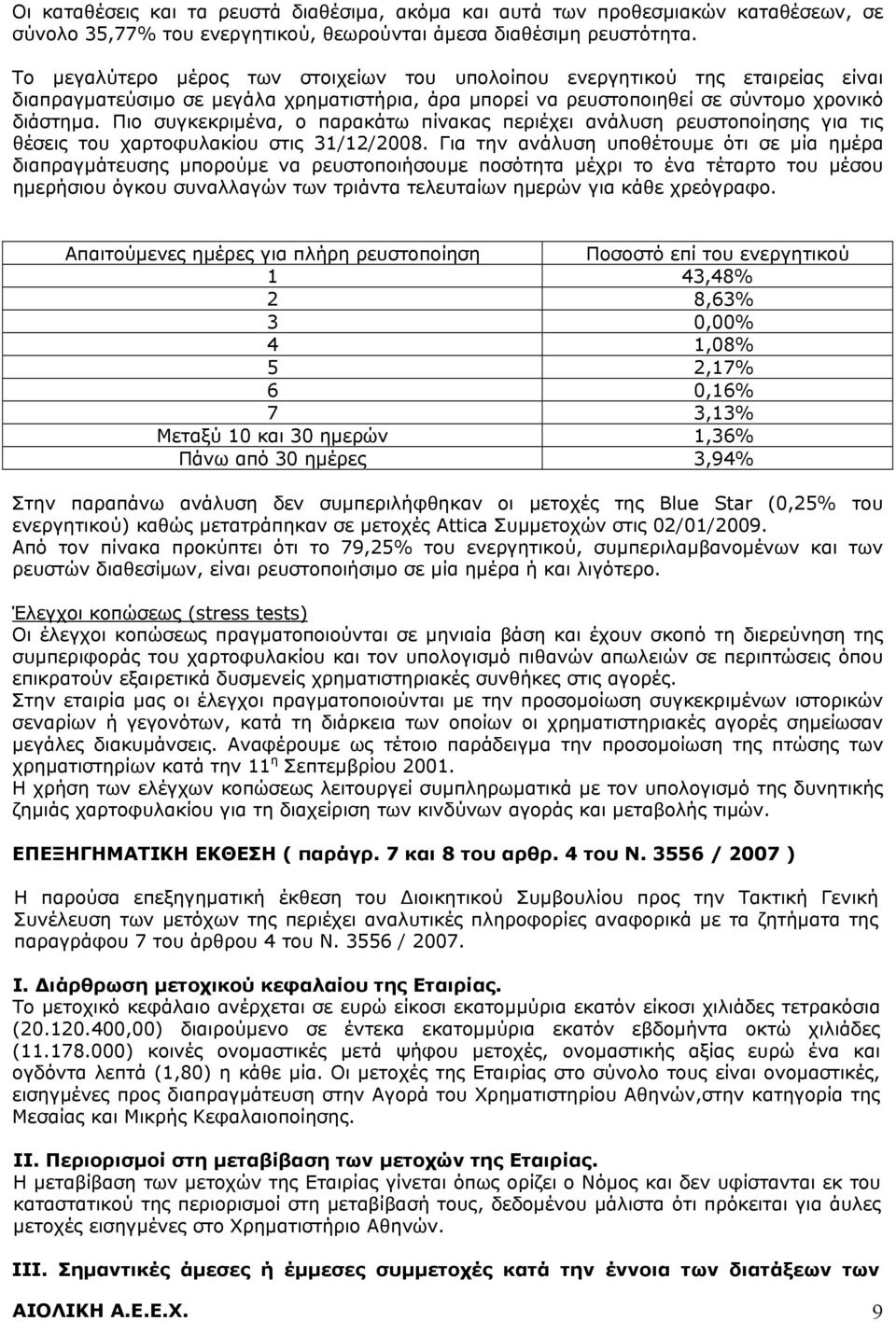 Πιο συγκεκριμένα, ο παρακάτω πίνακας περιέχει ανάλυση ρευστοποίησης για τις θέσεις του χαρτοφυλακίου στις 31/12/2008.
