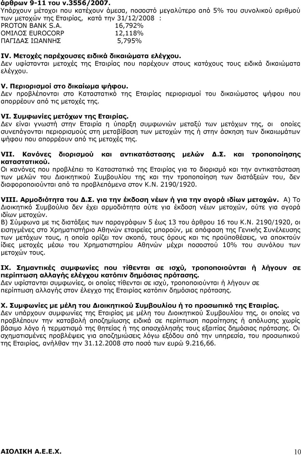 Δεν υφίστανται μετοχές της Εταιρίας που παρέχουν στους κατόχους τους ειδικά δικαιώματα ελέγχου. V. Περιορισμοί στο δικαίωμα ψήφου.