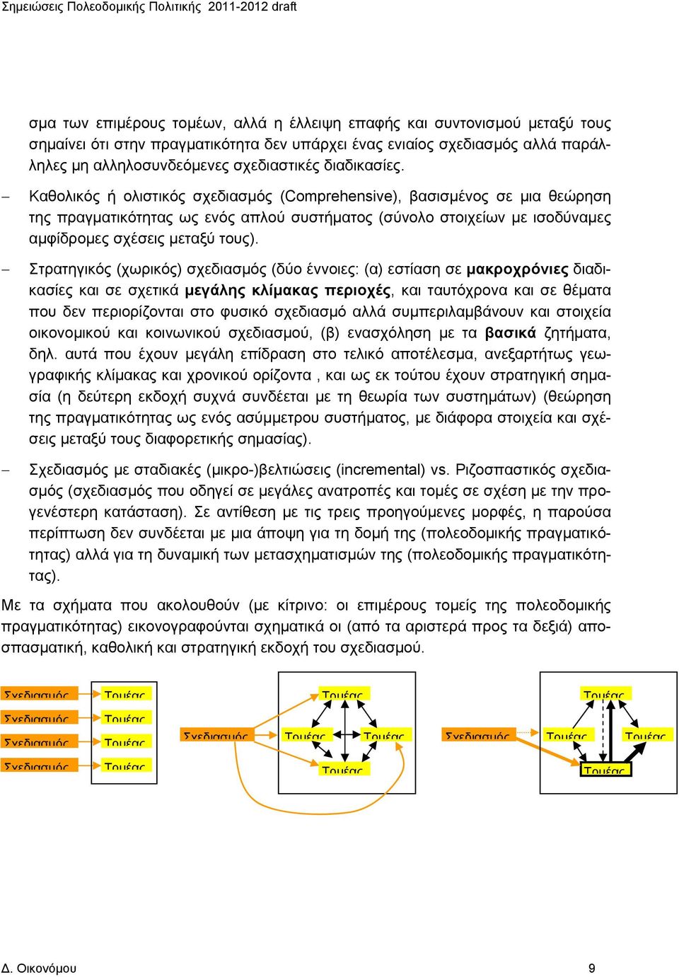 Στρατηγικός (χωρικός) σχεδιασμός (δύο έννοιες: (α) εστίαση σε μακροχρόνιες διαδικασίες και σε σχετικά μεγάλης κλίμακας περιοχές, και ταυτόχρονα και σε θέματα που δεν περιορίζονται στο φυσικό