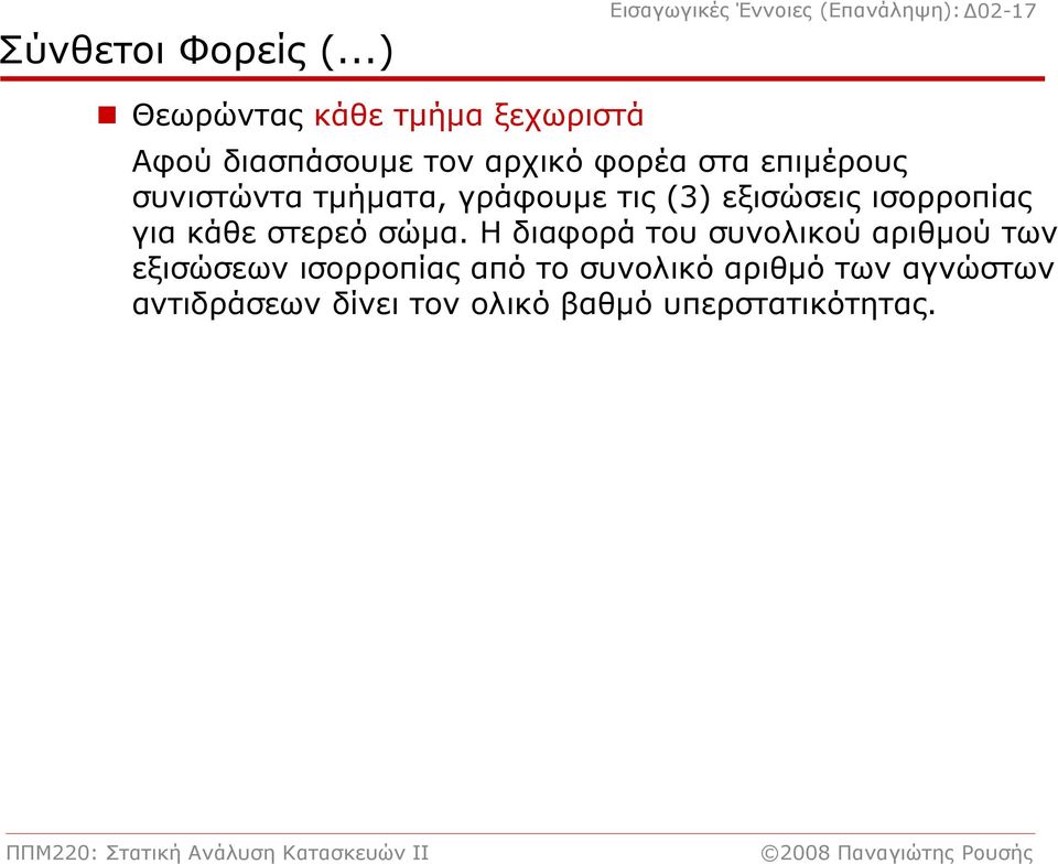 τον αρχικό φορέα στα επιμέρους συνιστώντα τμήματα, γράφουμε τις (3) εξισώσεις ισορροπίας