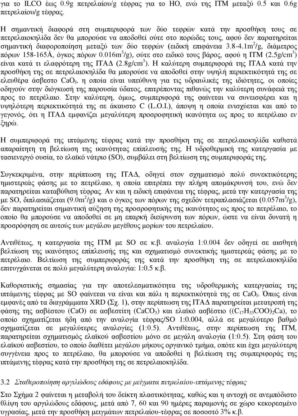 των δύο τεφρών (ειδική επιφάνεια 3.8-4.1m 2 /g, διάμετρος πόρων 158-165Å, όγκος πόρων 0.016m 3 /g), ούτε στο ειδικό τους βάρος, αφού η ΙΤΜ (2.5g/cm 3 ) είναι κατά τι ελαφρότερη της ΙΤΑΔ (2.8g/cm 3 ).