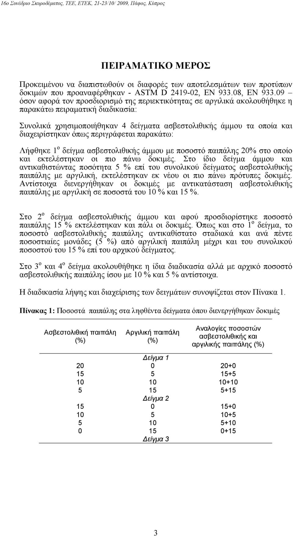 όπως περιγράφεται παρακάτω: Λήφθηκε 1 ο δείγμα ασβεστολιθικής άμμου με ποσοστό παιπάλης 2% στο οποίο και εκτελέστηκαν οι πιο πάνω δοκιμές.