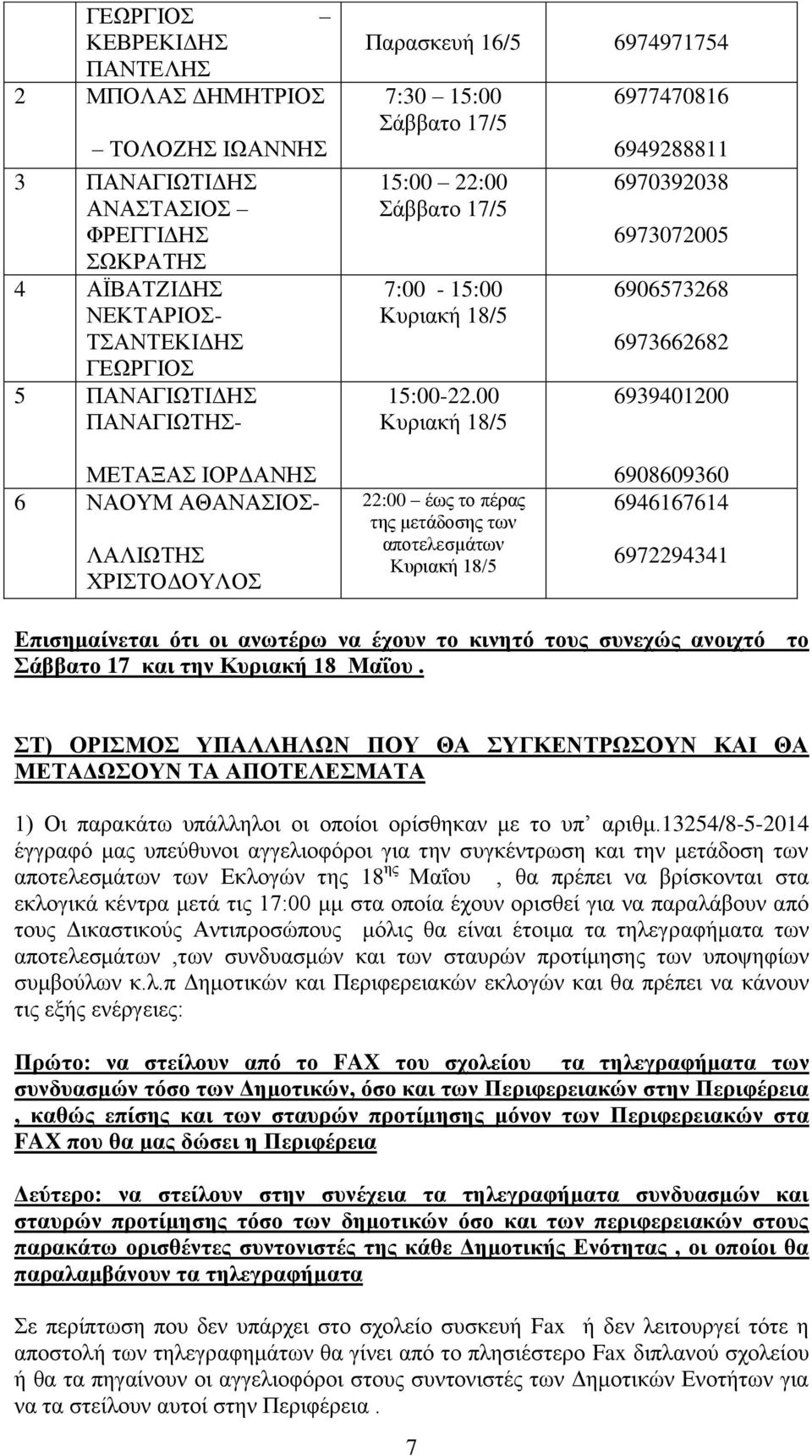 00 Κυριακή 18/5 6977470816 6949288811 6970392038 6973072005 6906573268 6973662682 6939401200 ΜΕΤΑΞΑΣ ΙΟΡΔΑΝΗΣ 6 ΝΑΟΥΜ ΑΘΑΝΑΣΙΟΣ- ΛΑΛΙΩΤΗΣ ΧΡΙΣΤΟΔΟΥΛΟΣ 22:00 έως το πέρας της μετάδοσης των