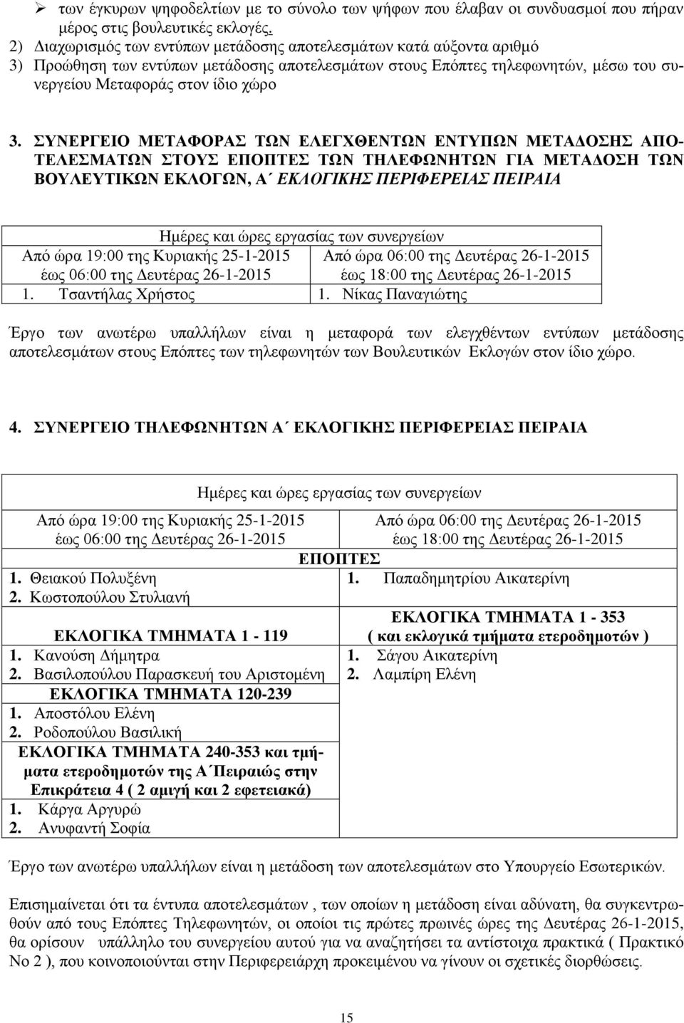 ΣΥΝΕΡΓΕΙΟ ΜΕΤΑΦΟΡΑΣ ΤΩΝ ΕΛΕΓΧΘΕΝΤΩΝ ΕΝΤΥΠΩΝ ΜΕΤΑΔΟΣΗΣ ΑΠΟ- ΤΕΛΕΣΜΑΤΩΝ ΣΤΟΥΣ ΤΩΝ ΤΗΛΕΦΩΝΗΤΩΝ ΓΙΑ ΜΕΤΑΔΟΣΗ ΤΩΝ ΒΟΥΛΕΥΤΙΚΩΝ ΕΚΛΟΓΩΝ, Α ΕΚΛΟΓΙΚΗΣ ΠΕΡΙΦΕΡΕΙΑΣ ΠΕΙΡΑΙΑ 1. Τσαντήλας Χρήστος 1.