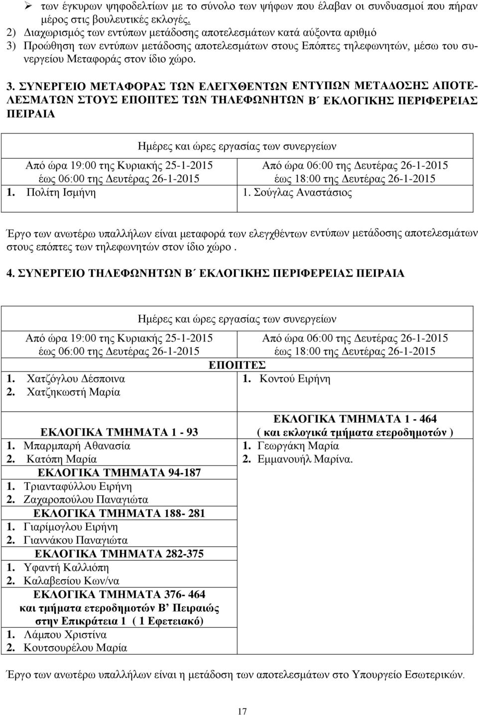 Πολίτη Ισμήνη 1. Σούγλας Αναστάσιος Έργο των ανωτέρω υπαλλήλων είναι μεταφορά των ελεγχθέντων εντύπων μετάδοσης αποτελεσμάτων στους επόπτες των τηλεφωνητών στον ίδιο χώρο. 4.