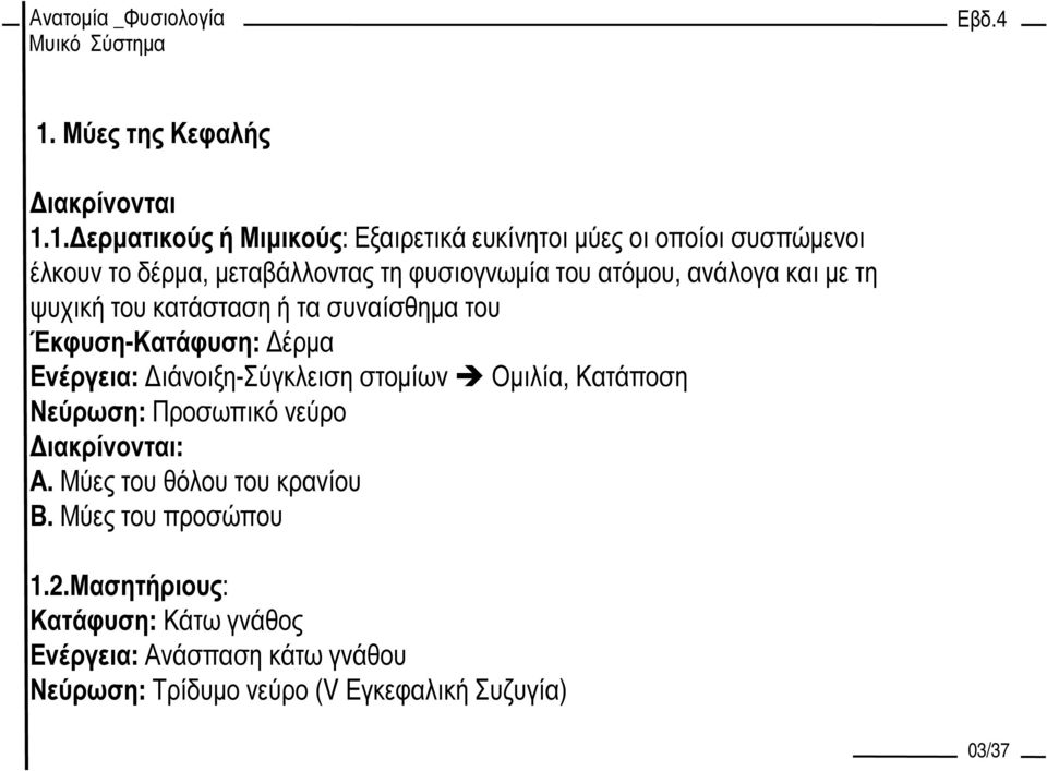 Ενέργεια: ιάνοιξη-σύγκλειση στοµίων Οµιλία, Κατάποση Νεύρωση: Προσωπικό νεύρο ιακρίνονται: Α. Μύες του θόλου του κρανίου Β.