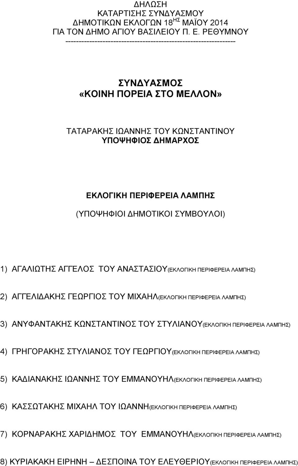 ΡΕΘΥΜΝΟΥ ---------------------------------------------------------------- ΣΥΝΔΥΑΣΜΟΣ «ΚΟΙΝΗ ΠΟΡΕΙΑ ΣΤΟ ΜΕΛΛΟΝ» ΤΑΤΑΡΑΚΗΣ ΙΩΑΝΝΗΣ ΤΟΥ ΚΩΝΣΤΑΝΤΙΝΟΥ ΥΠΟΨΗΦΙΟΣ ΔΗΜΑΡΧΟΣ ΕΚΛΟΓΙΚΗ ΠΕΡΙΦΕΡΕΙΑ ΛΑΜΠΗΣ