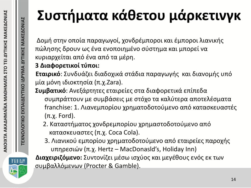 Συμβατικό: Ανεξάρτητες εταιρείες στα διαφορετικά επίπεδα συμπράττουν με συμβάσεις με στόχο τα καλύτερα αποτελέσματα franchise: 1. Λιανεμπορίου χρηματοδοτούμενο από κατασκευαστές (π.χ. Ford). 2.