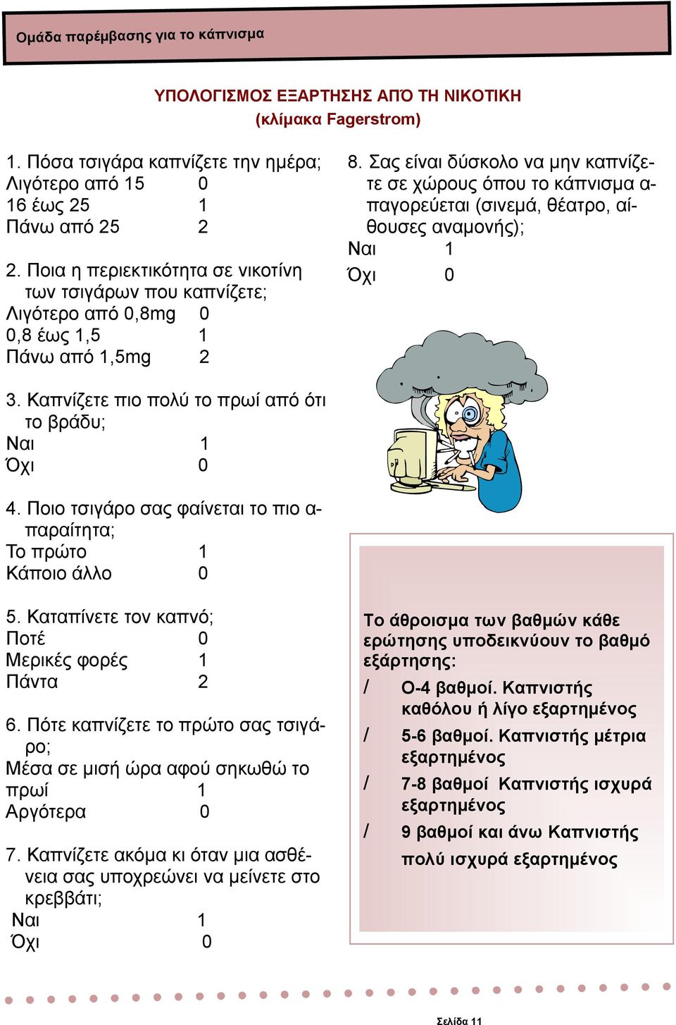 Σας είναι δύσκολο να µην καπνίζετε σε χώρους όπου το κάπνισµα α- παγορεύεται (σινεµά, θέατρο, αίθουσες αναµονής); Ναι 1 Όχι 0 3. Καπνίζετε πιο πολύ το πρωί από ότι το βράδυ; Ναι 1 Όχι 0 4.