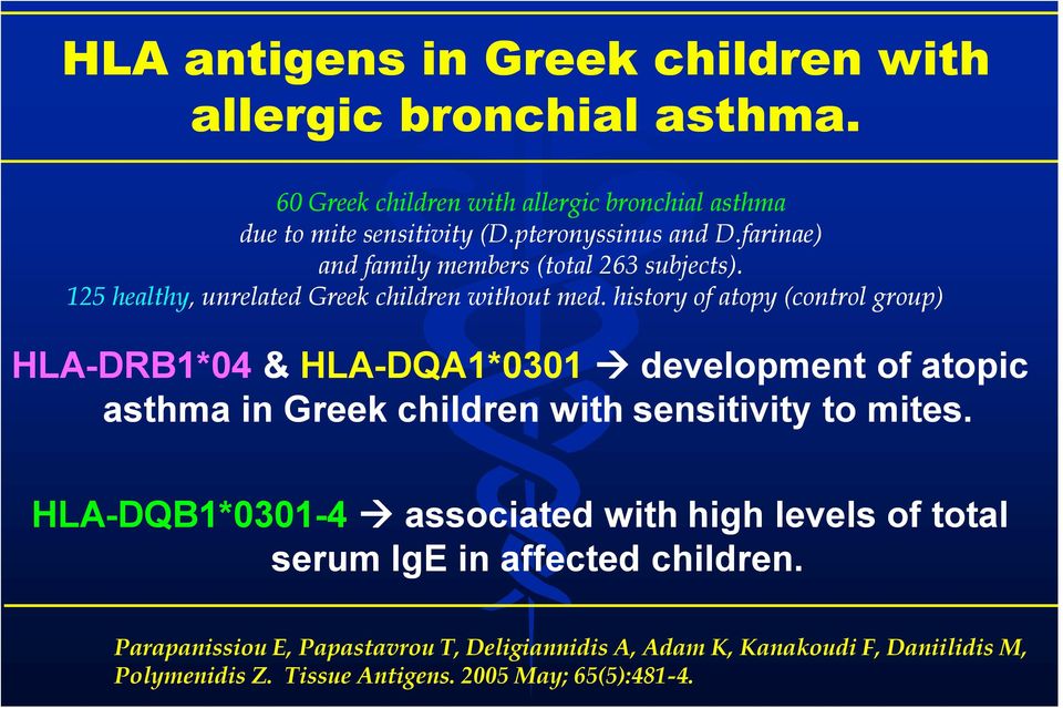 history of atopy (control group) HLA-DRB1*04 & HLA-DQA1*0301 development of atopic asthma in Greek children with sensitivity to mites.