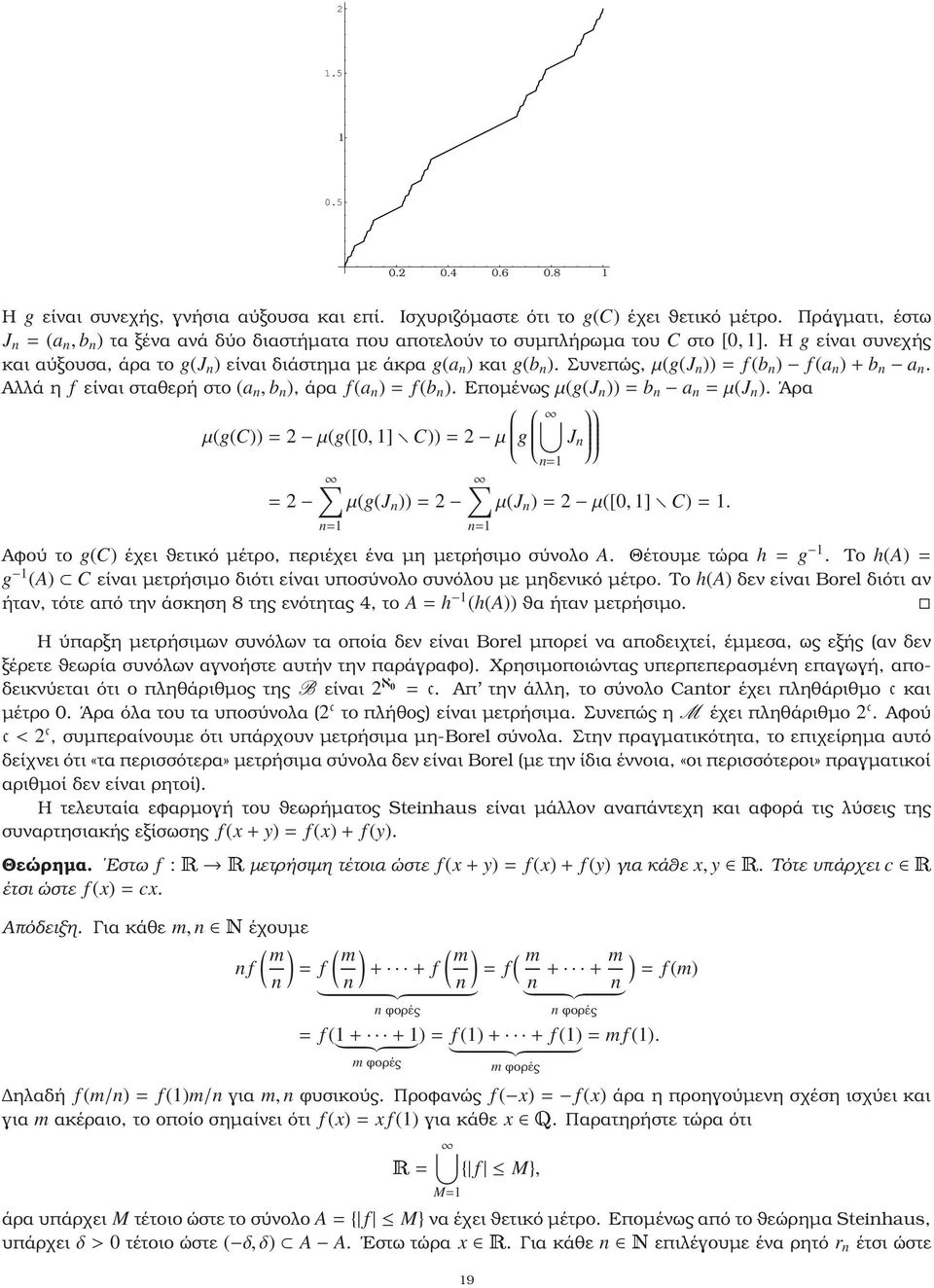Συνεπώς,µ(g(J n ))= f (b n ) f (a n )+b n a n. Αλλά η f είναι σταθερή στο (a n, b n ), άρα f (a n )= f (b n ). Εποµένωςµ(g(J n ))=b n a n =µ(j n ).