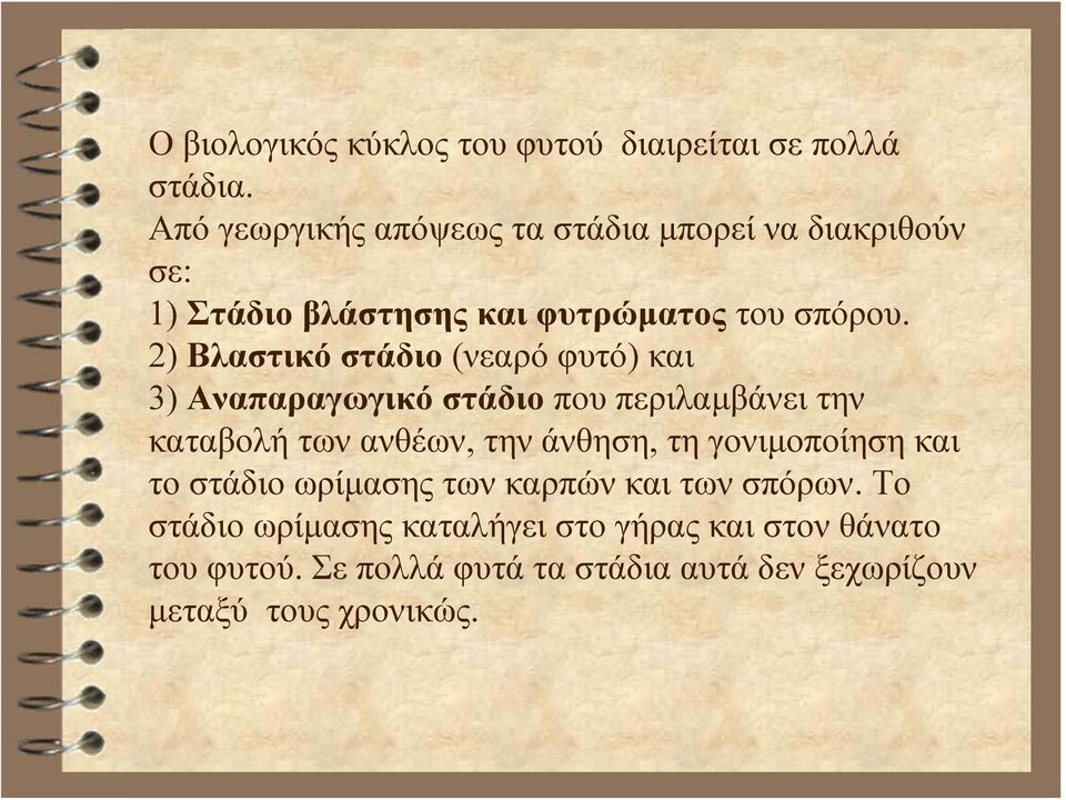 2) Βλαστικό στάδιο (νεαρό φυτό) και 3) Αναπαραγωγικό στάδιο που περιλαμβάνει την καταβολή των ανθέων, την άνθηση, τη